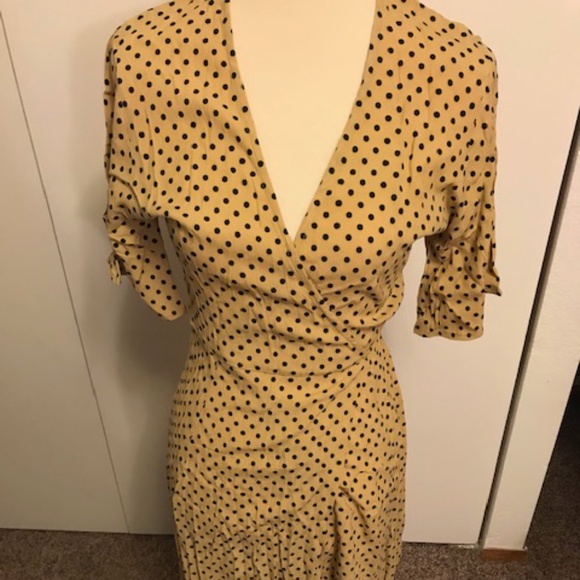 mustard polka dot wrap dress